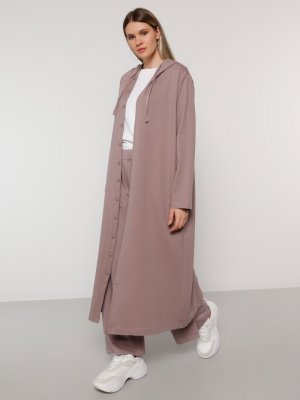 Toz Lila Kapüşonlu Çıtçıtlı Spor Pardesü