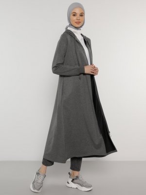 Antrasit Kapüşon Detaylı Fermuarlı Spor Pardesü