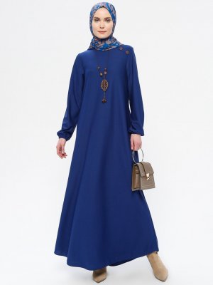 İndigo Kolyeli Bisiklet Yaka Elbise