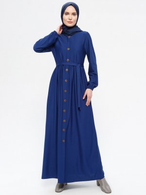 İndigo Önden Düğmeli Bisiklet Yaka Elbise