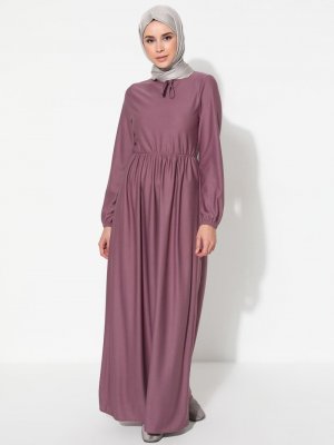 Lila Belden Büzgülü Elbise