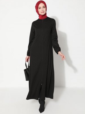 Siyah Fermuarlı Cepli Ferace