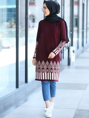 Bordo Desenli Triko Tunik Bordo Desenli Triko Tunik