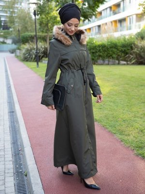 Haki Yeşil İçi Kürklü Su Geçirmez Kaban