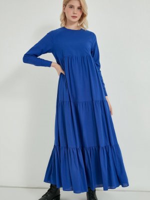 Saks Mavisi Pamuk Uzun Elbise