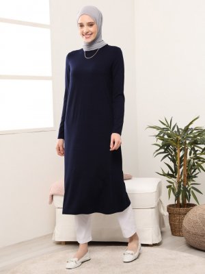 Lacivert Doğal Kumaşlı Bisiklet Yaka Uzun Tunik