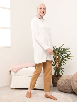 Off White Doğal Kumaşlı Bisiklet Yaka Tunik