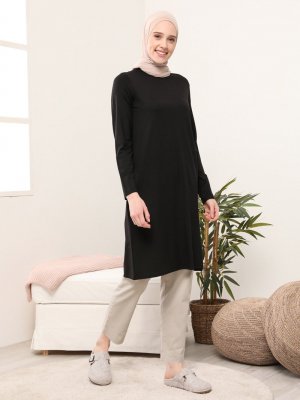 Siyah Doğal Kumaşlı Bisiklet Yaka Tunik