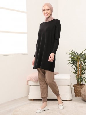 Siyah Doğal Kumaşlı Bisiklet Yaka Tunik