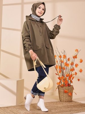 Haki Düğmeli Kapüşonlu Trençkot